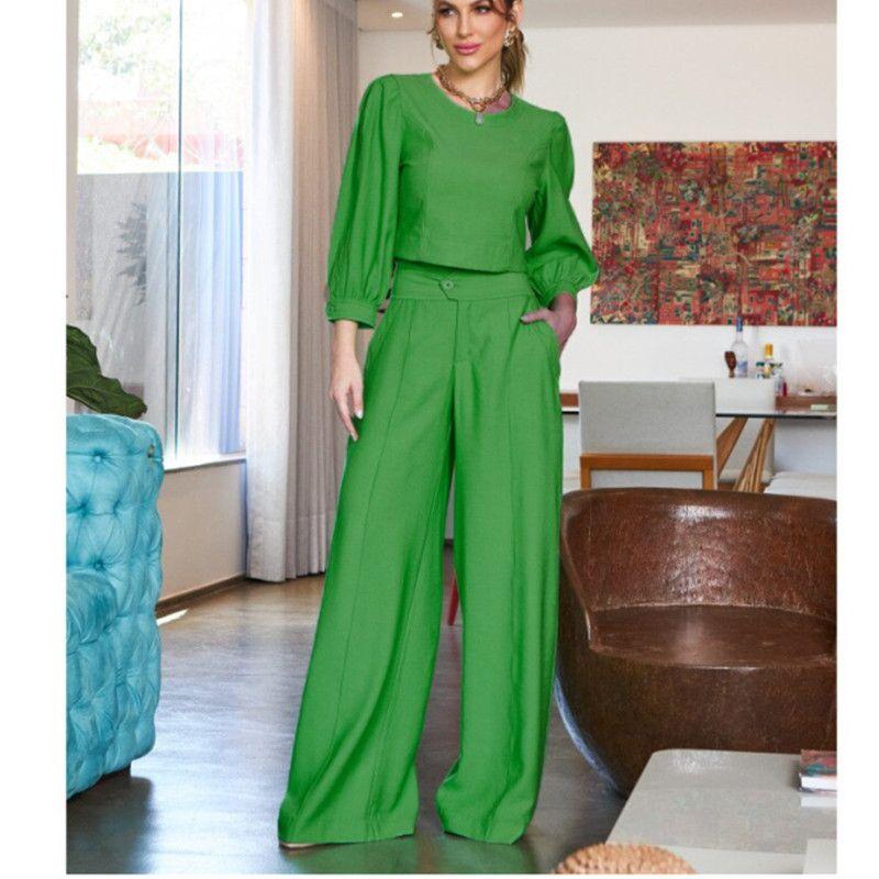 

European and American Women clothes 2024 New Fashion Short Long sleeve Top High Waist Wide Leg Pants Two-piece Set Green M