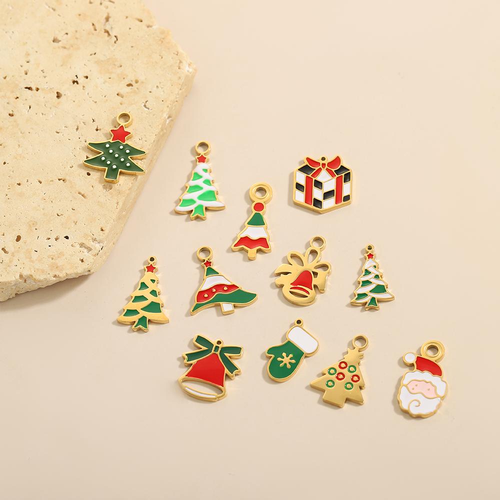 CARLIDANA Stainless Steel Santa Claus Oil Drop Enamel Christmas Tree Bell Gloves Winter Gift Box Present Man Charms Pendant