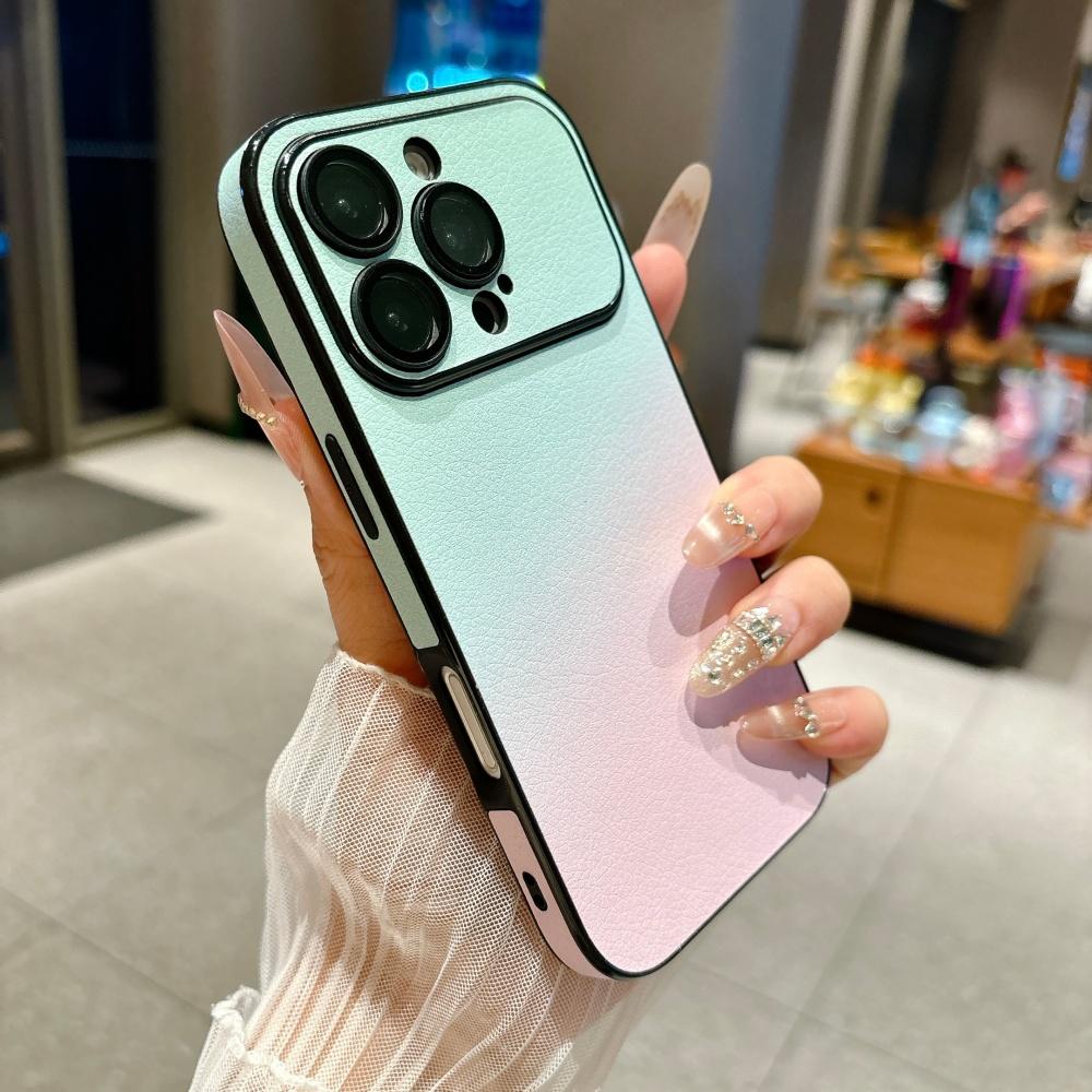 Fashion Gradient Color Leather Texture Phone Case For iPhone 17 16 15 14 Plus 13 Pro Max Lens Film Matte Bumper Shockproof Cover