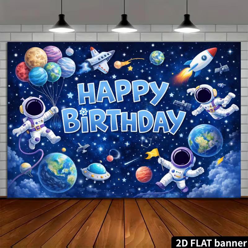 Outer Space Happy Birthday Backdrop, Astronauts and Planets for Kids Space Themed Birthday Party