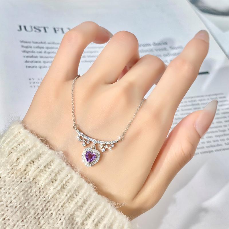 S925 sterling silver necklace women's natural peridot love pendant amethyst citrine light luxury high-end collarbone chain elegant women's jewelry