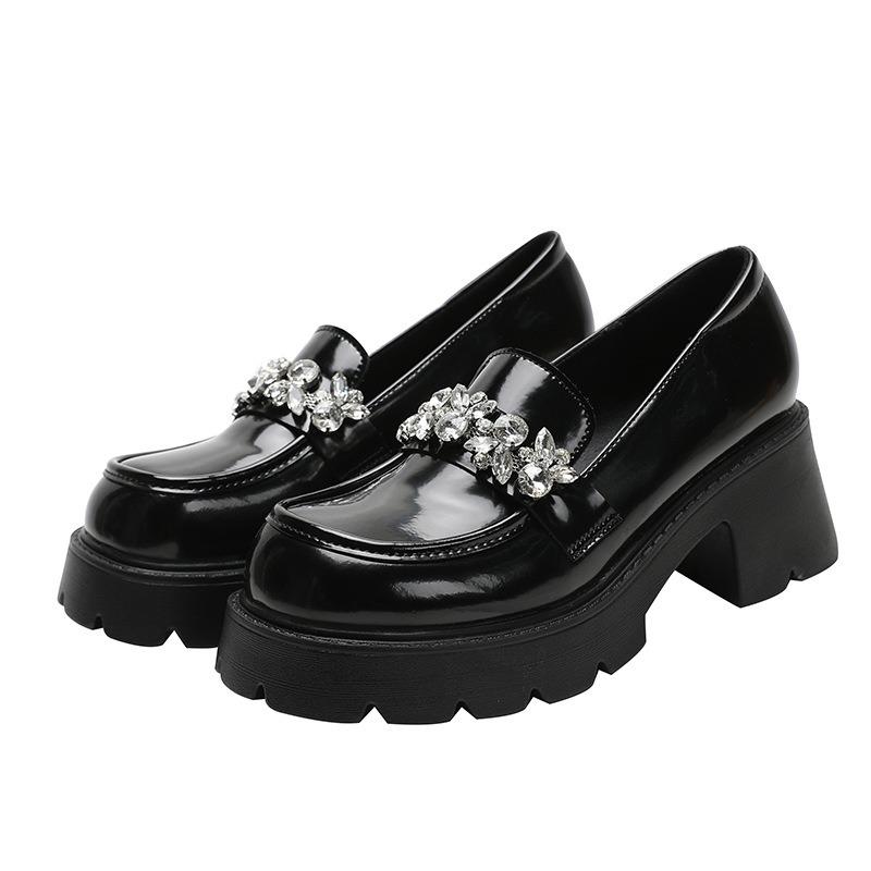 Thick-soled small leather shoes women's new retro versatile black leather square head thick heel single shoes