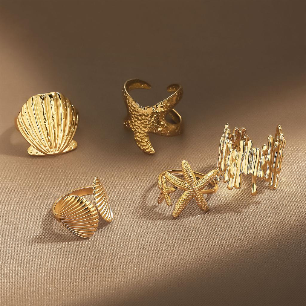 Personality Ring, Stainless Steel Vacuum Plated 18K Gold Starfish Shell Open Jewelry