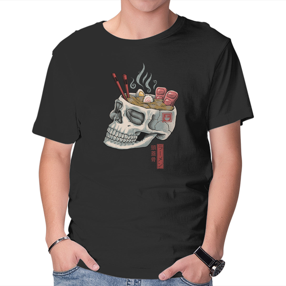 Unisex Crew Neck T-Shirt Ramen Skull Graphic Short Sleeve Casual Tee XS