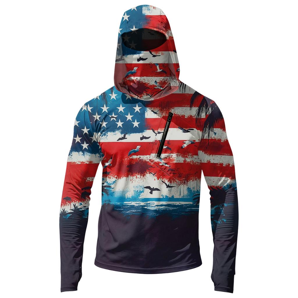 Men’s Casual Hooded Long Sleeve Sun Protection Top with Independence Day Themed Print and Front Zipper Pocket Design