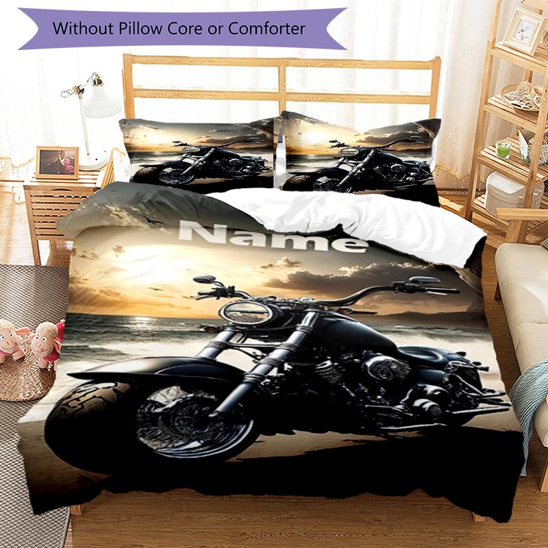 3pcs Custom Name Motorcycle Bedding Set Duvet Cover Closure Includes 1 Duvet Cover & 2 Pillowcases, Soft and Comfortable for All Seasons.