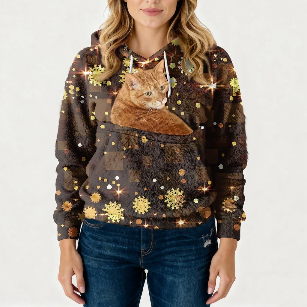 Women's Fashionable Casual Fleece Lined Long Sleeve Pocket Hooded Printed Sweatshirt