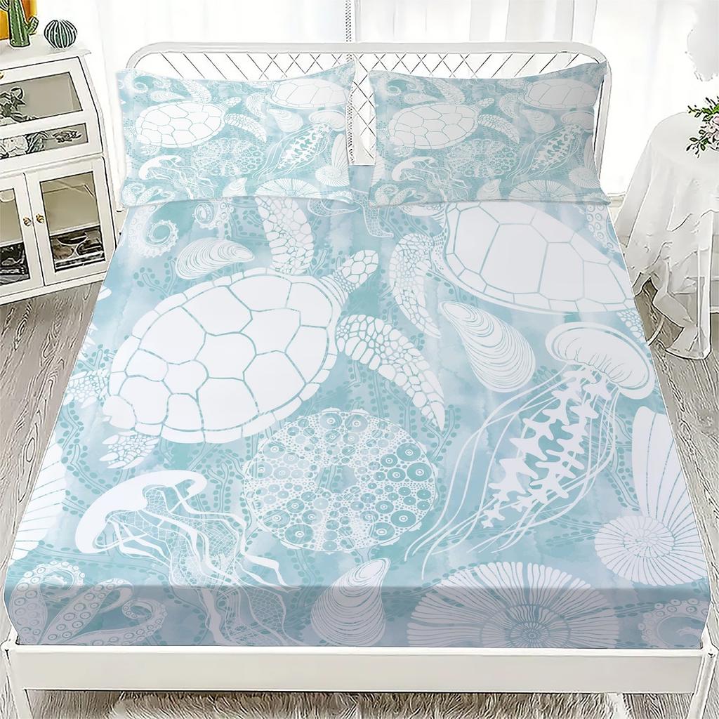 Underwater Ocean Theme Bed Sheet Set Blue White Coral Turtle Seashell Print 100% Cotton Fitted Sheet Breathable for Kids Room