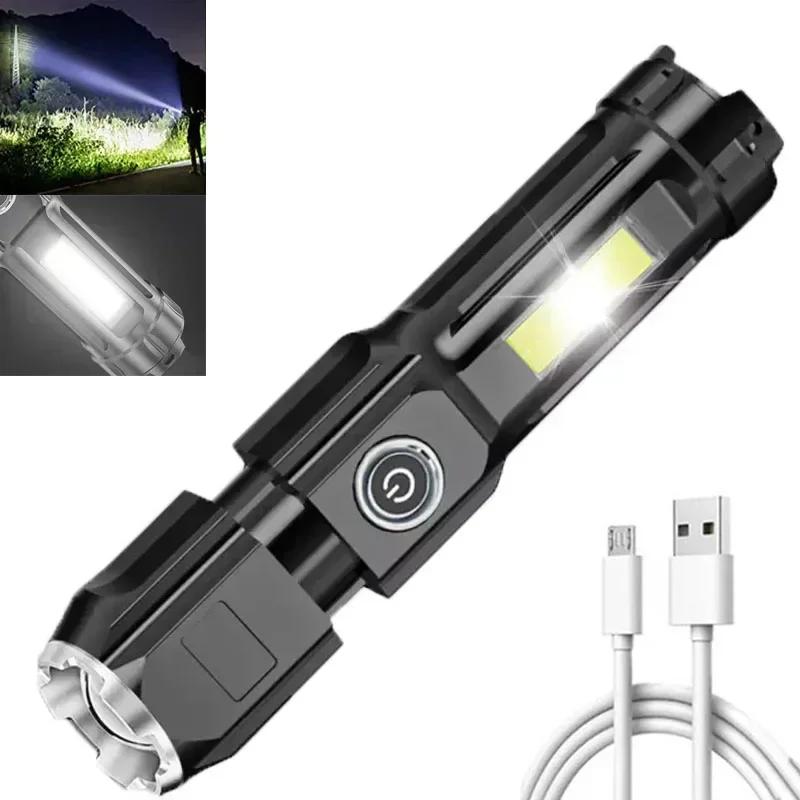 High Power Led Flashlight Super Bright Rechargeable Zoom Torch with COB Side Lights Outdoor Camping Night Fishing Lantern