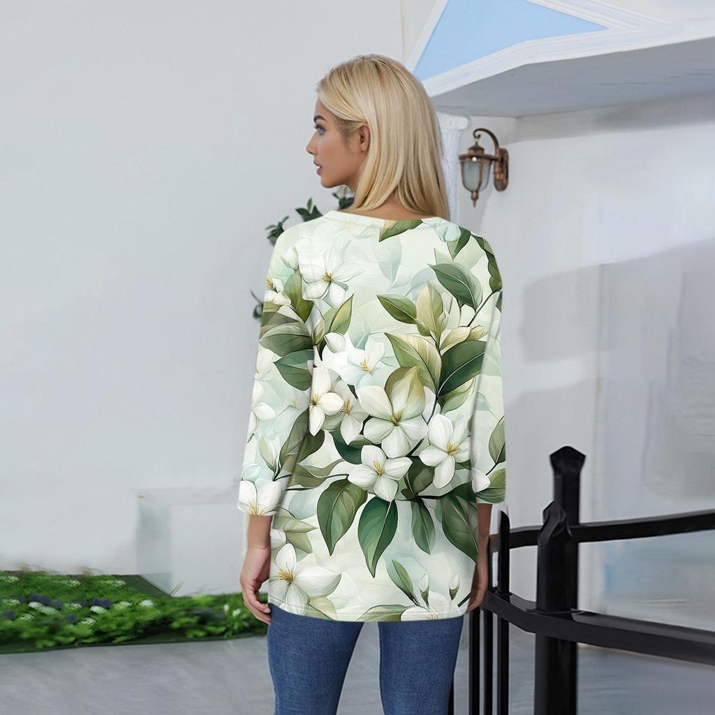 Women's Floral And Casual Three-quarter Sleeves Floral Print Collar Top