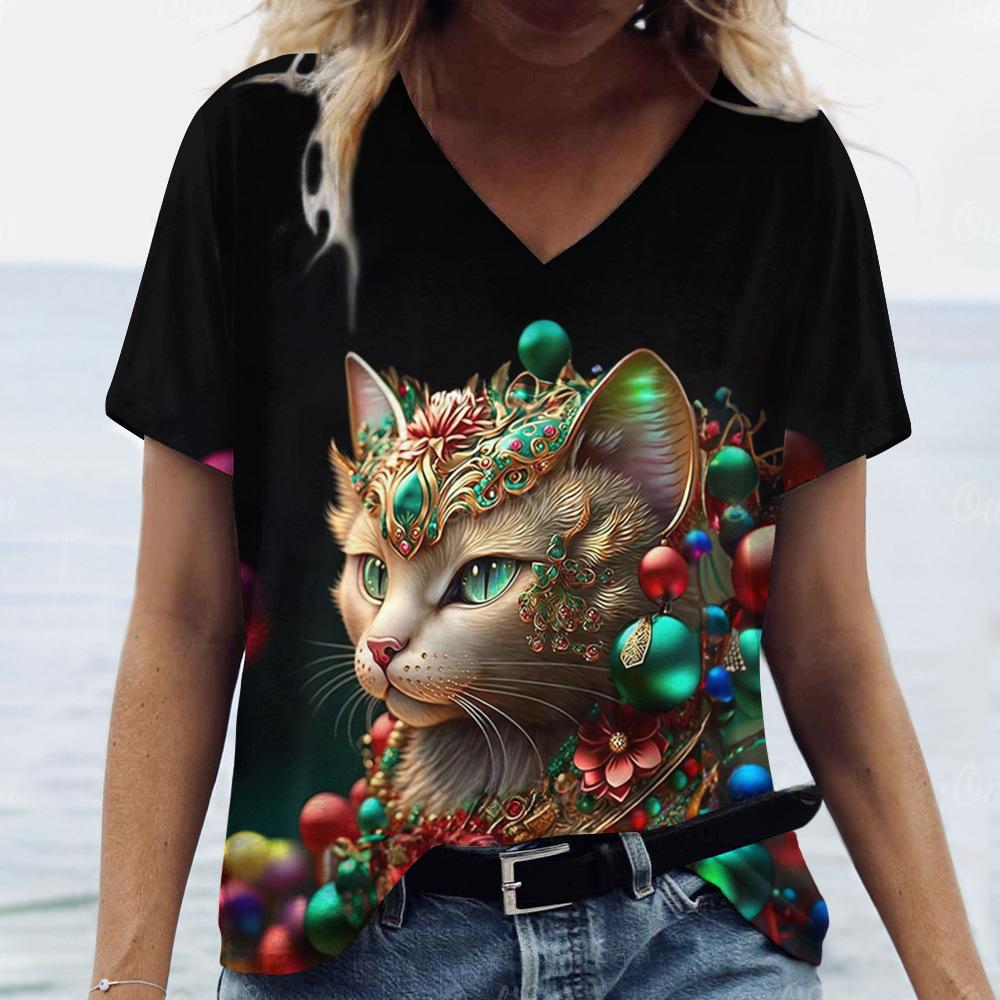 

Летний топ с V-образным вырезом и 3D-принтом, модные повседневные женские футболки с короткими рукавами S