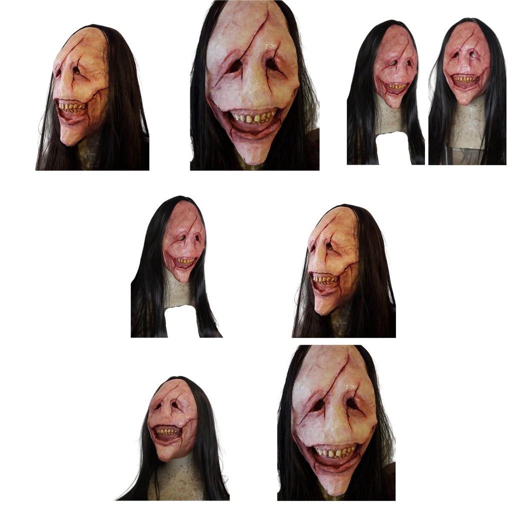 Halloweenowa Straszna Maska Demona z Długimi Włosami Czerwonolica Maska Diabła z Odsłoniętymi Zębami