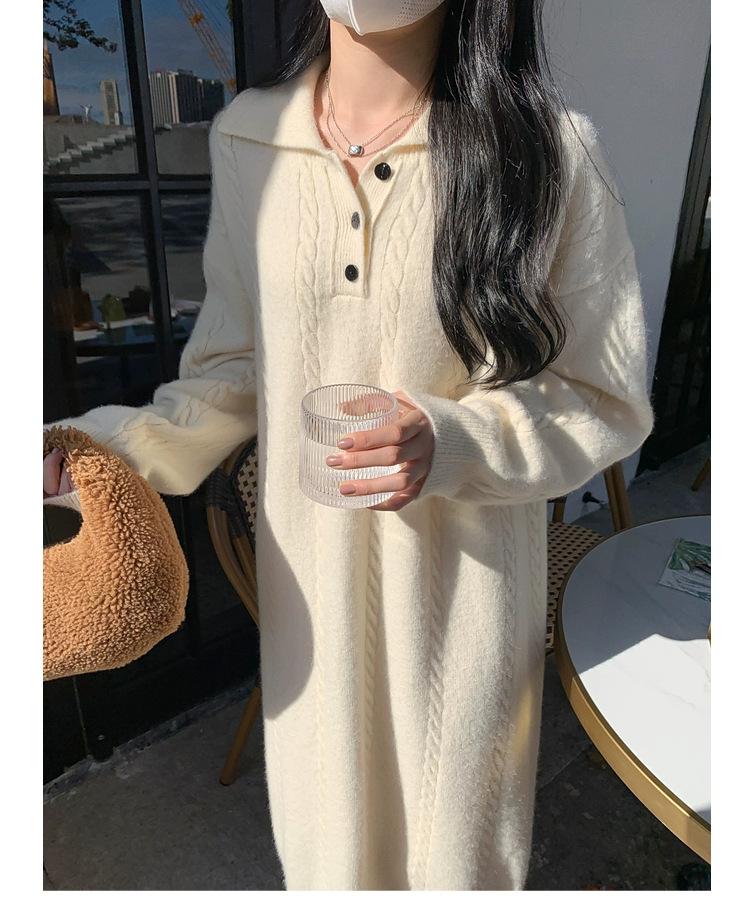 Women's Lapper Sweater Dress Midi Loose Thickened Over-the-Knee Sweater Dress