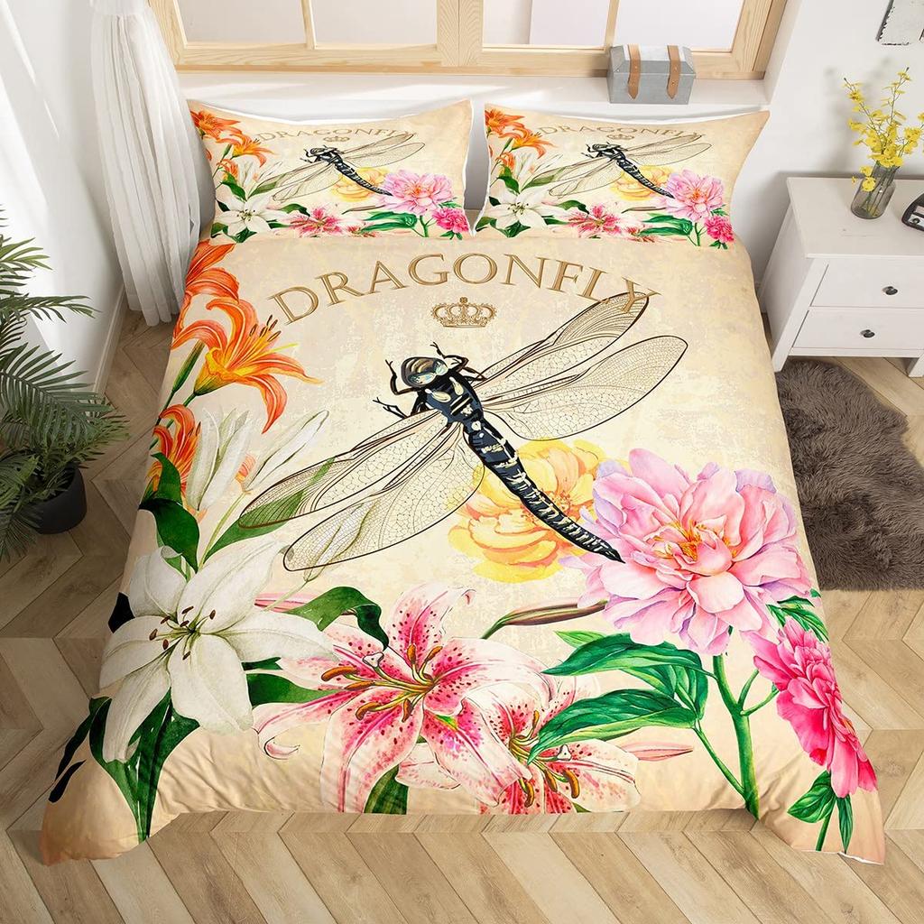Comforter Dragonfly Flowers Bedding Set Rustic Aesthetic Animal Dragonflies Farmhouse Comforter Gifts For Women Girls