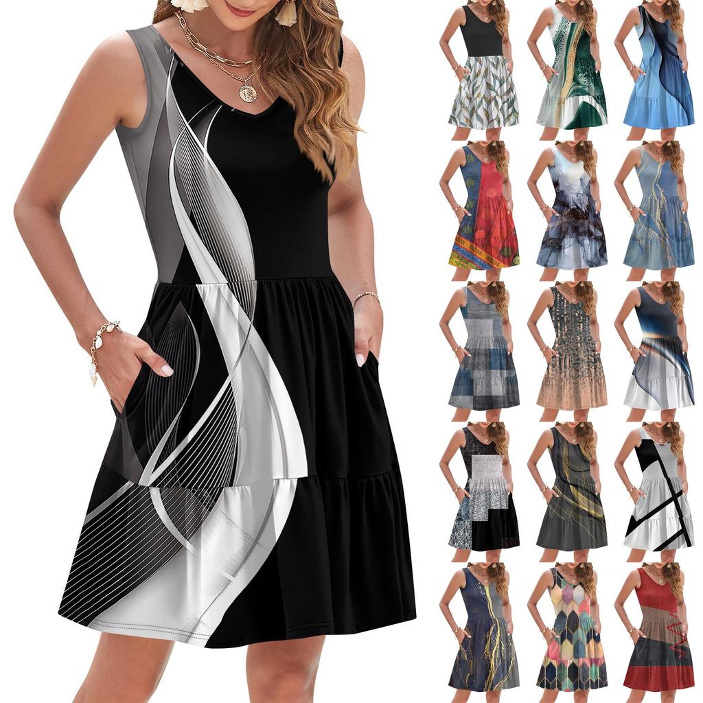 Women's Summer Fashion Casual V-neck Pleated Patchwork Color Block Patchwork Print Sleeveless Pocket Vest Dress
