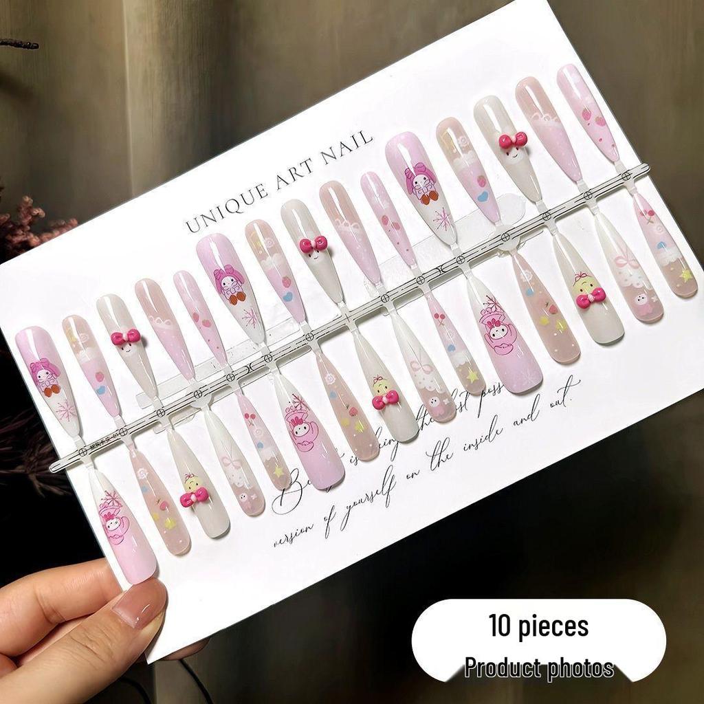 Summer Fresh Milk Puff Rabbit Wearable Light Pink Gradient Cartoon Nails - Cute & Sweet Detachable Nail Tips for Girls