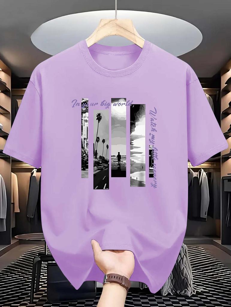 Summer Fashionable  Crew Neck T-Shirt - Men's Casual Short-Sleeve Tee with Seaside Letter Print, Slight Stretch, 180gsm