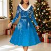 Dames Kerstprint Midi Jurk, Lange Mouwen V‑hals Bontrand A-lijn Feestjurk, Kerst Limited Edition