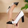European & American Women's Chunky Heel Bow High Heels - Patent Leather, Pointed Toe, Plus Size