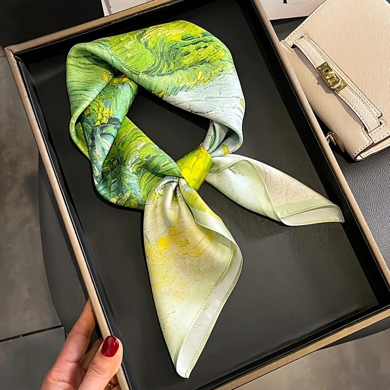 27.56" New Oil Painting Square Scarf Women's Green Thin Smooth Neck Scarf Retro Style Windproof Sunscreen Headscarf