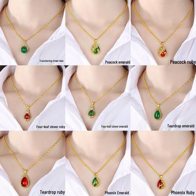 Gold-Plated Double Water Wave Necklace with Ruby & Emerald Pendant