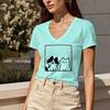 Summer Women's Regular Fit V-neck Short-sleeved T-shirt, Regular Length, Women's Top with Two Cat Prints.
