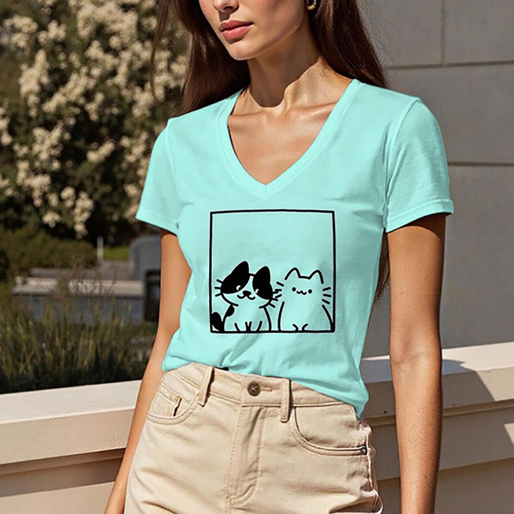 Summer Women's Regular Fit V-neck Short-sleeved T-shirt, Regular Length, Women's Top with Two Cat Prints.