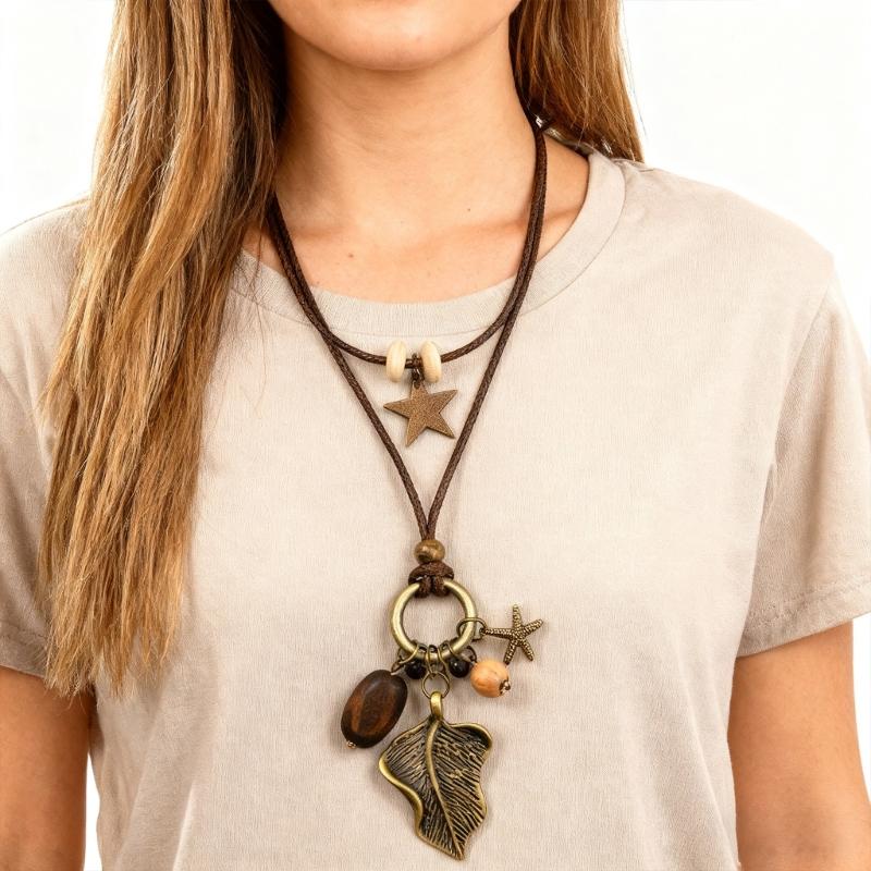 Artisanal Crafted Beaded Leaf Necklace Soft Wax Cord Multi Material Layering Design Versatile Jewelry Gift