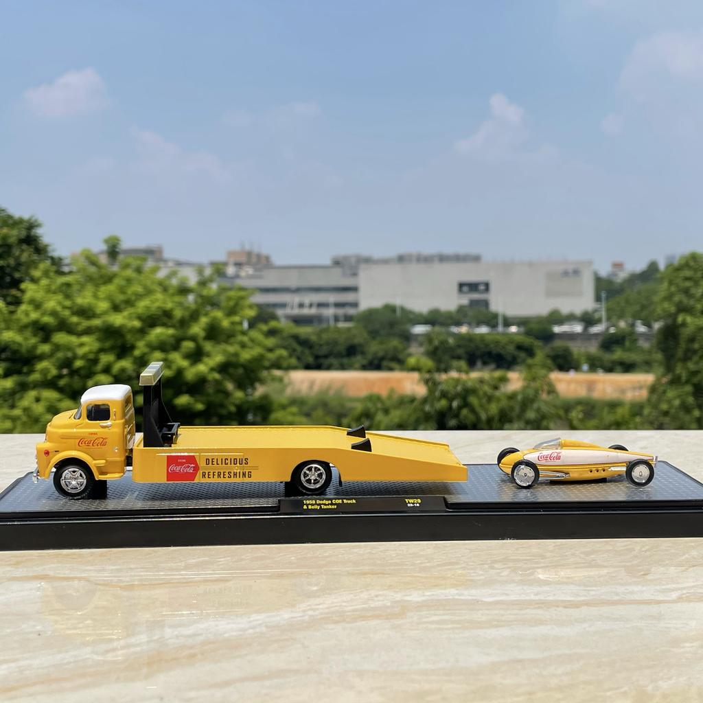 Diecast M2 1:64 Scale Dodge Truck Trailer Coke Set Static Alloy Car Model Collectible Toy Gift Souvenir Display Ornament