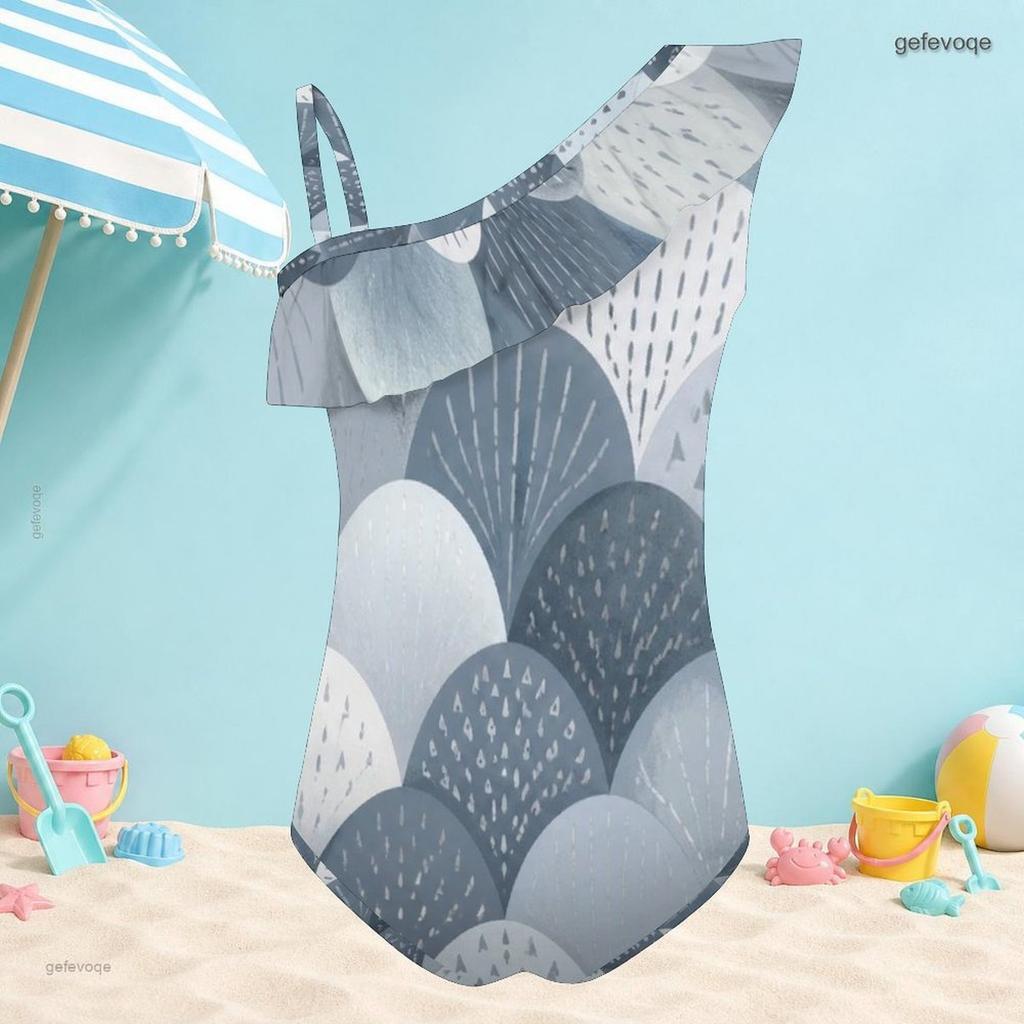 Girls One Shoulder Ruffle One Piece Grey Printed Swimsuit