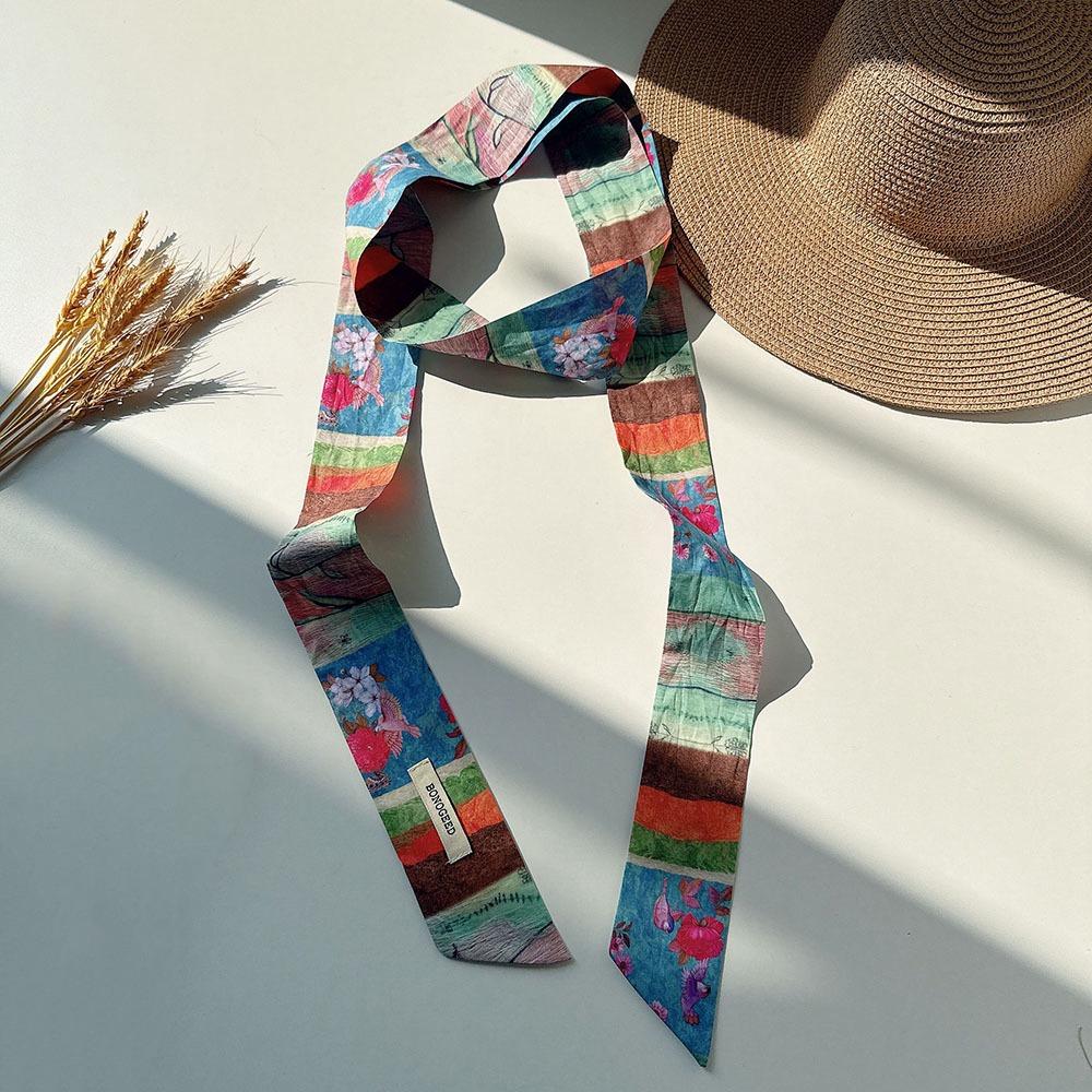 Flower Field Oil Painting Scarf Cotton Extended Long Ribbon Neckerchief Scarf Headband  Women
