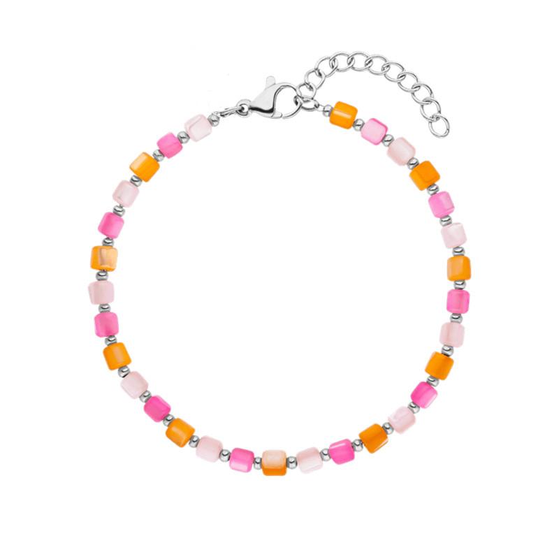 

Браслет счастья из натуральных ракушек с розовыми, оранжевыми стеклянными ракушками и маленькими бусинами из нержавеющей стали в моде серебряный