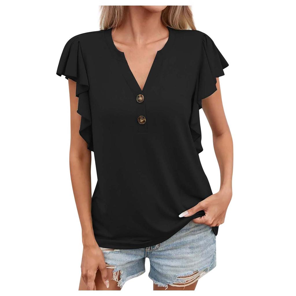 Women's Summer Short Sleeves Button V Neck Loose Casual Solid Color Casual Comfy Tops