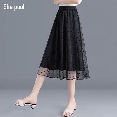 Women's High Waist Polka Dot Mesh Midi Skirt