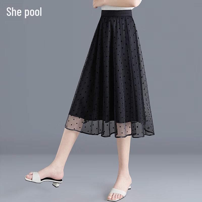 Women s High-Waist Mesh Polka Dot A-Line Midi Skirt S