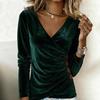 Top da Donna Slim Fit Scollo a V Manica Lunga Morbido Elastico Pullover Colore Unico Design Pieghe Laterali Decorazione Bottoni Camicetta Casual