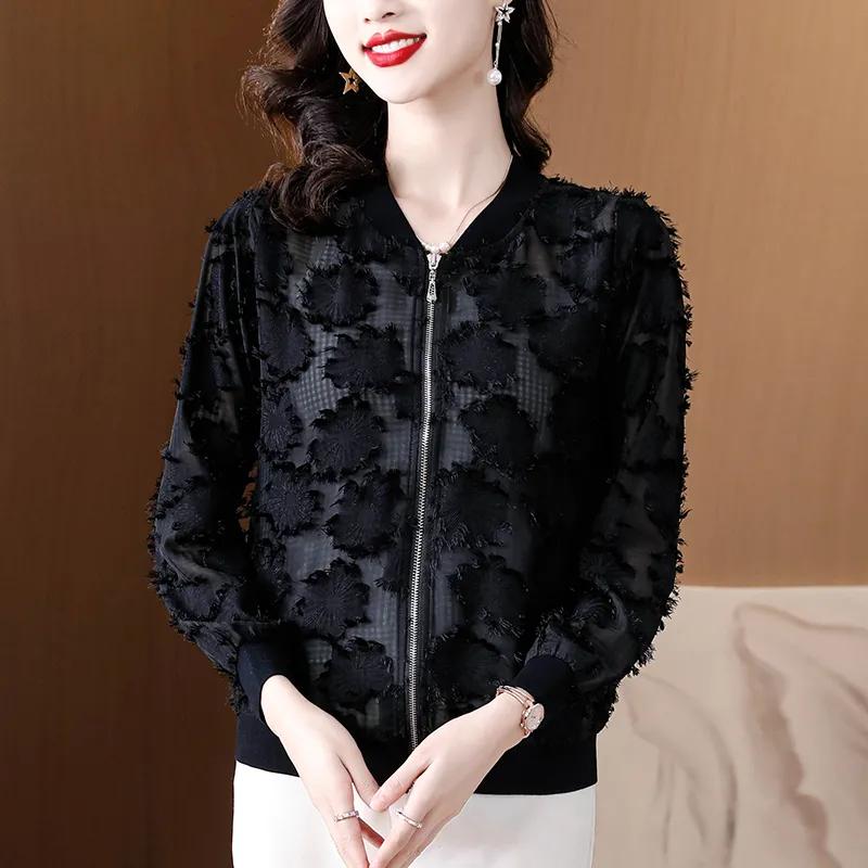 Spring and Autumn Women's Long Sleeved Short Coat Thin Edition Women's Temperament Chiffon Jacquard Top Women