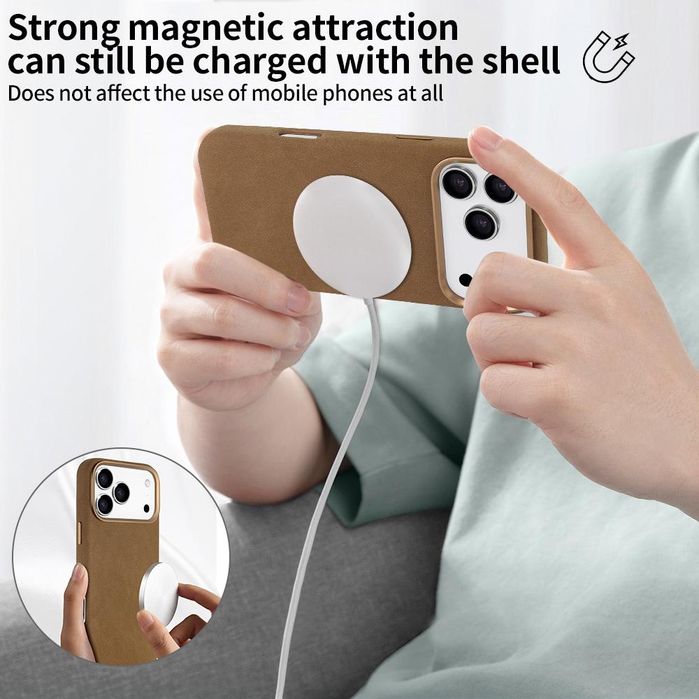 High-End Suede Magnetic PU Leather Mobile Phone Case For iPhone 17 Air 16 15 Pro Max With Metal Camera Lens, All-inclusive Case