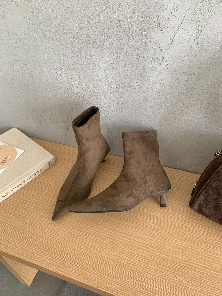 High Heel Pointed Suede Khaki Skinny Boots Short Boots Women's Shoes 2025 New Spring and Autumn Single Boots Korean Small Naked Boots