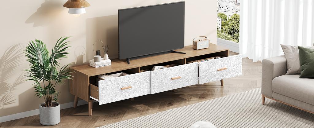 TV Low Panel Vintage, Wood TV Cabinet TV Table - Living Room Bedroom, Light Wood, Vintage Grain White Door Panel, 150*35*39cm
