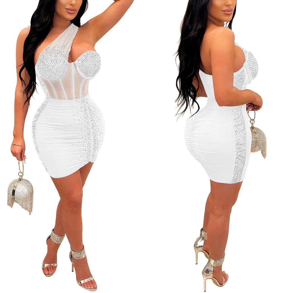 European & American Solid Color Women's Mesh Sleeveless Asymmetrical Neck Short Dress with Hot Drilling 