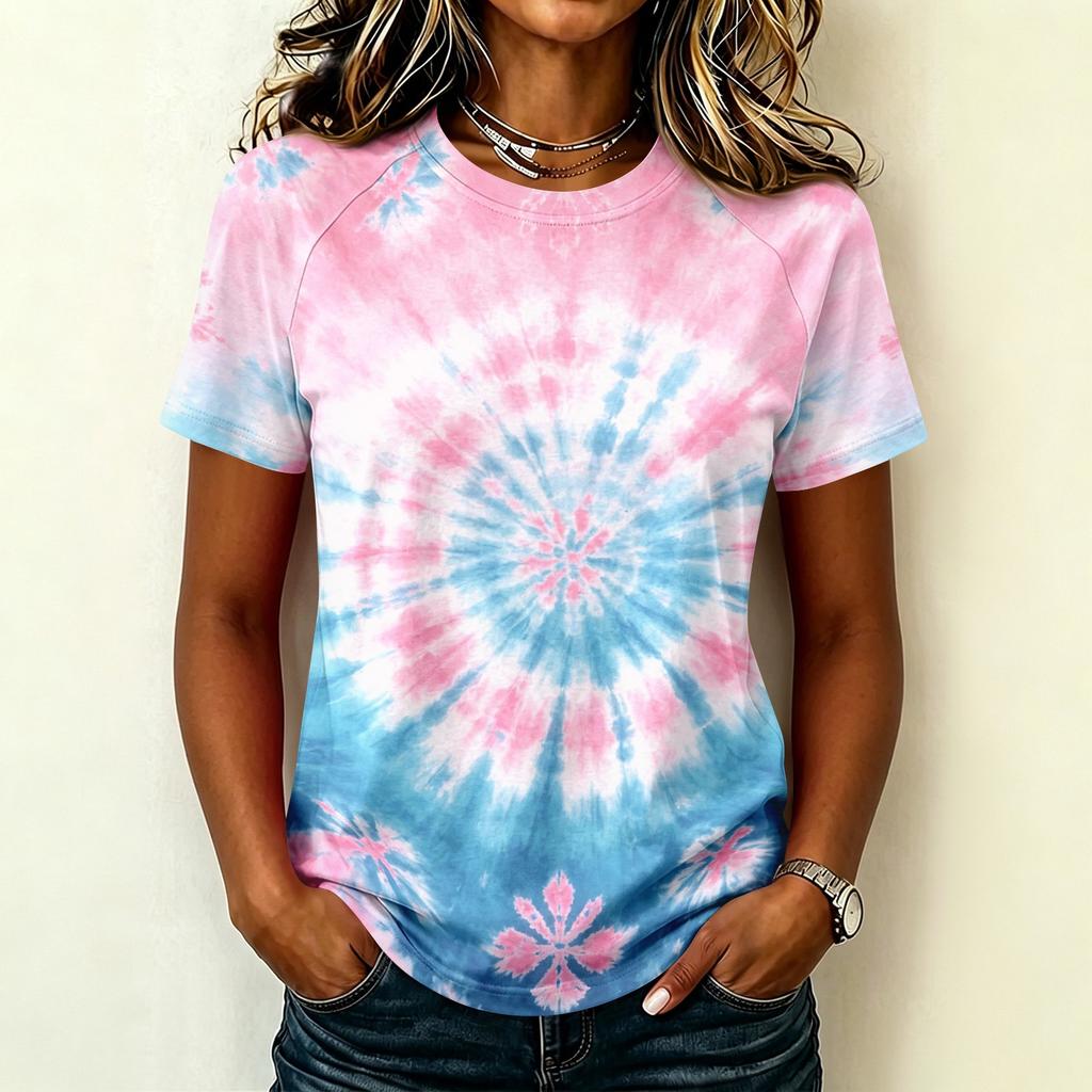 Damen Freizeit Kurzarm Raglan T-Shirt Rundhals Batik-Print Leichtes Weiches Gewebe Sommer Oberteil