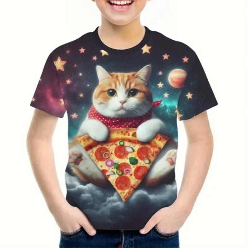 T-shirts Mignons Multicolores Tie Dye à Imprimé Chatons Dessin Animé pour Enfants Filles T-shirt Tendance Doux et Confortable