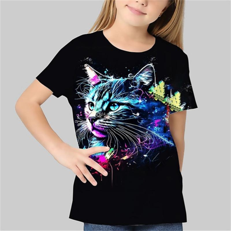 Girl Clothes Girl T-Shirt Short Sleeve 3D Cat Print Kids Summer Clothes Fashion Casual Round Neck Boy Tops Children's Clothing