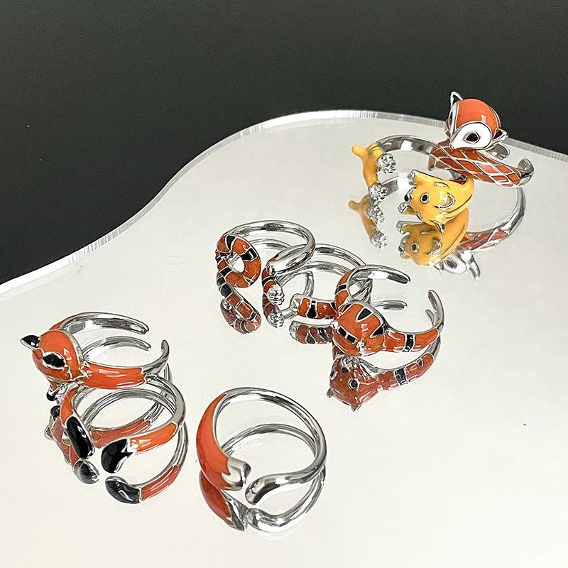 Cartoon Niedlich Fuchs Tiger Offener Ring Set Tropfender Emaille Personalisierter Mode High-End Schmuck Damen
