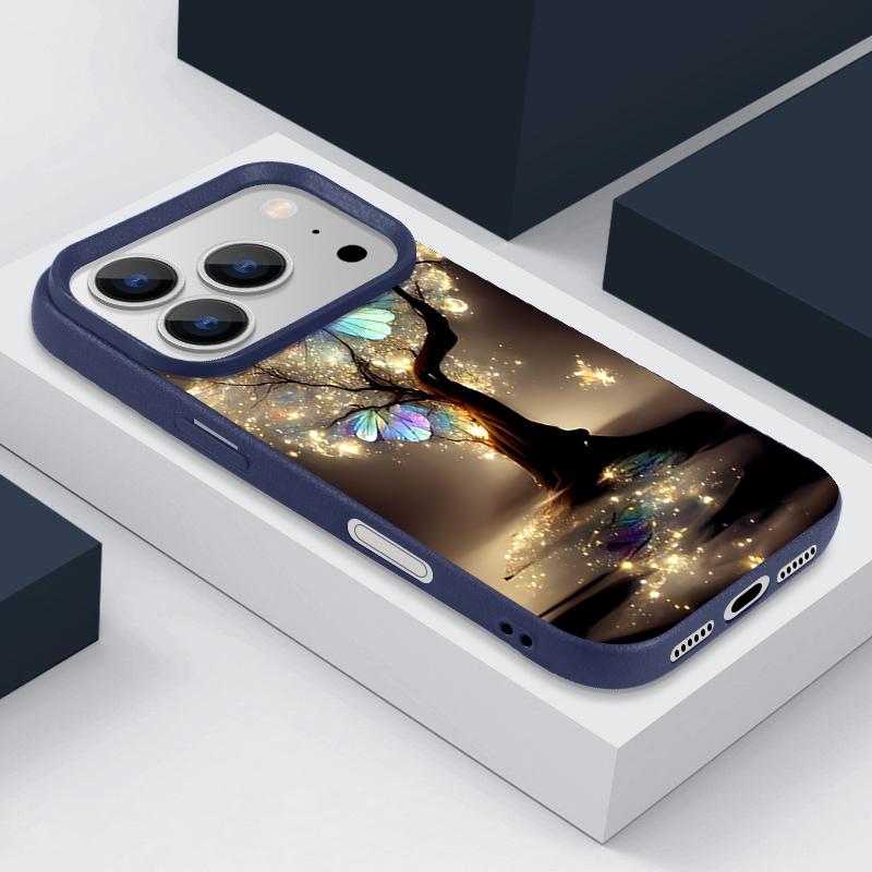 Shining Fantasy Tree Butterfly Pattern Case For iPhone 17 Pro Max iPhone 16 Pro Max 15 14 13 12 11 16E Air Luxury Leather Texture Silicone Cover
