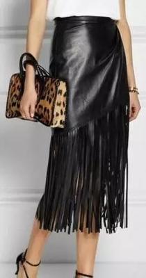 Genuine Lambskin Soft Leather Handmade Stylish Fringed Black Women's Skirt Party