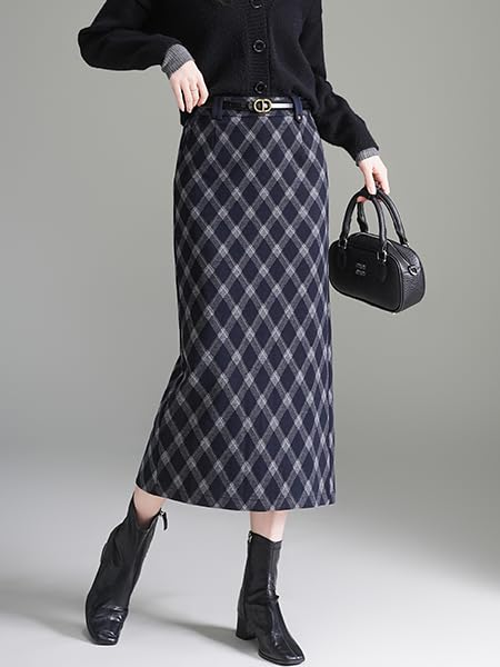 Syvent Narrow Long Plaid Plus Elastic Midi High Long Skirt with Simple ZSY111 A-Line Skirt, Skirt, Pattern, Size, Waist, Tweed, Slit, Length, Waist,