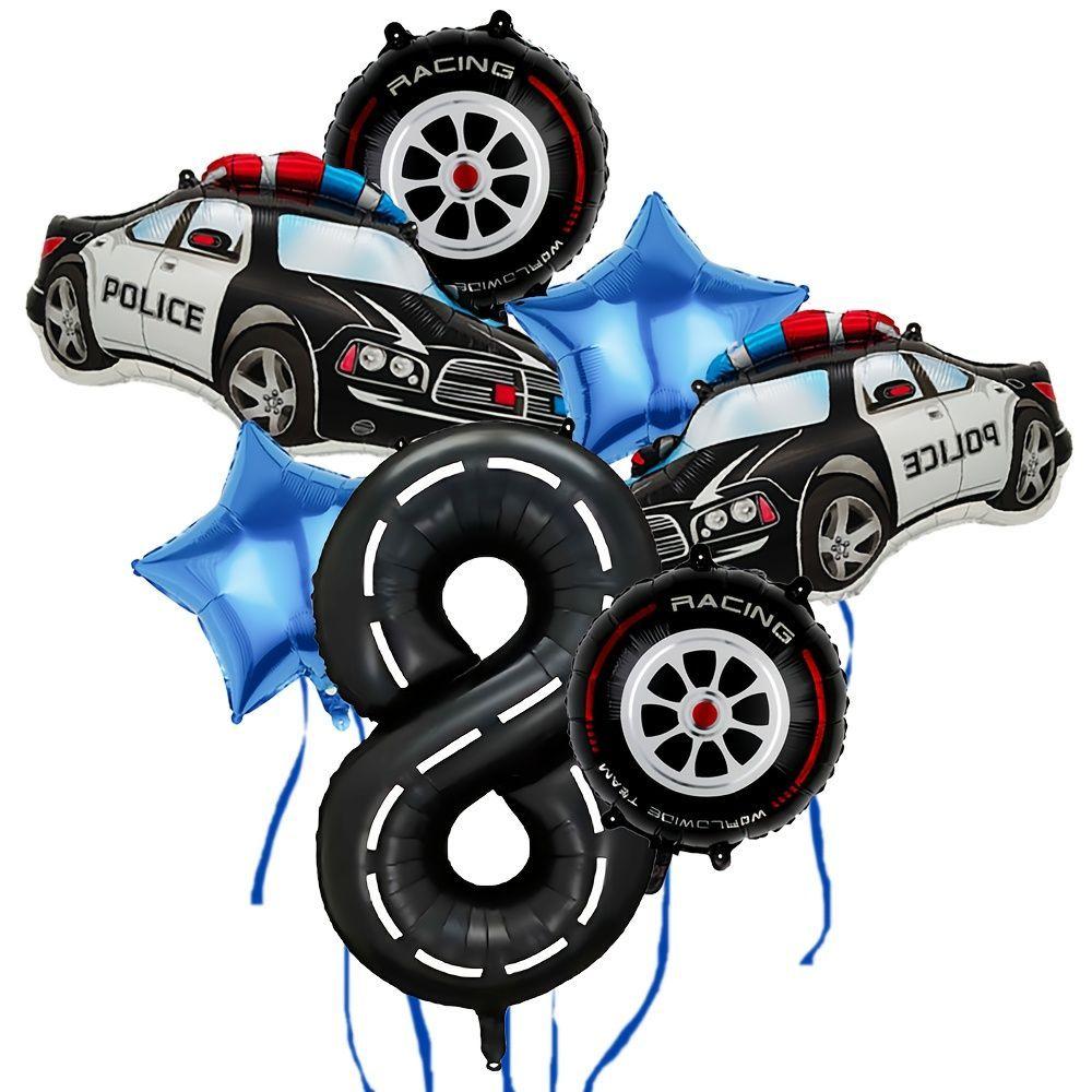 Police Car-themed Tire Digital Aluminum Film Balloon Set for Children's Birthday Party Racing Decoration
