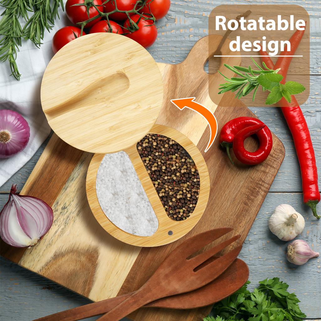 Salt and Pepper Bowls Bamboo Pepper Salt Box with Lid 2 Compartments Storage Box Multipurpose Seasoning Container for Spice